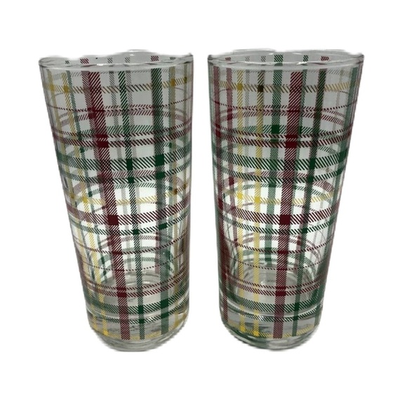Plaid Glass Tumblers Set of 2 Red Green Yellow - Picture 1 of 6